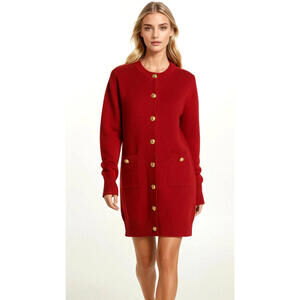 Vintage Chanel Red 100% Cashmere Cardigan Sweater CC Logo Gold Buttons  Belt 40